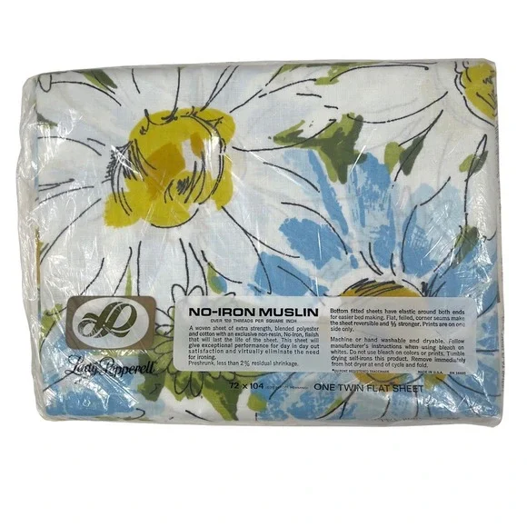 Vintage Lady Pepperell Twin Flat Sheet Daisy Floral No Iron Blue Green New 70s - Picture 2 of 2
